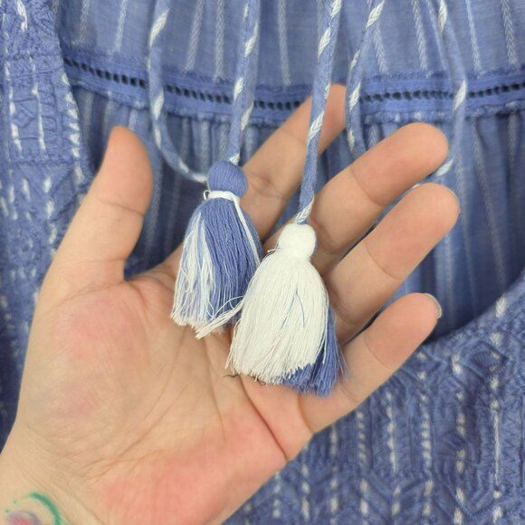Free People Lola Embroidered Mini Dress S Blue White Stripes Cutout Back Tassels - Picture 9 of 14